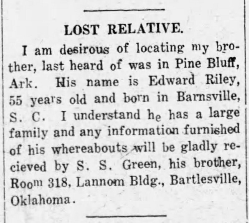 S. S. Green searching for his brother Edward Riley