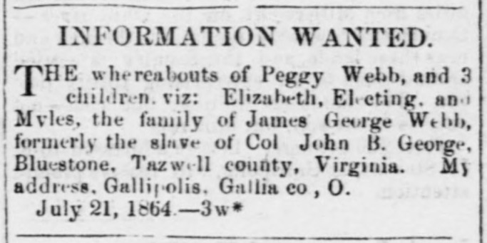 James George Webb searching for his wife Peggy Webb and children