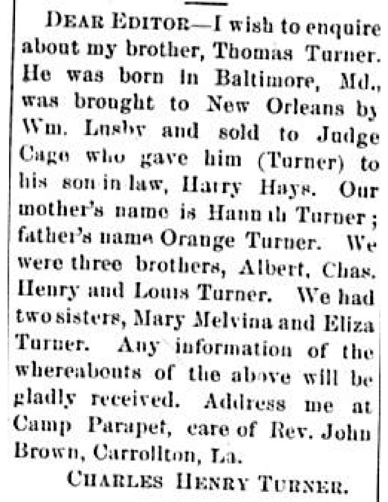 Charles Henry Turner searching for his brother Thomas Turner 