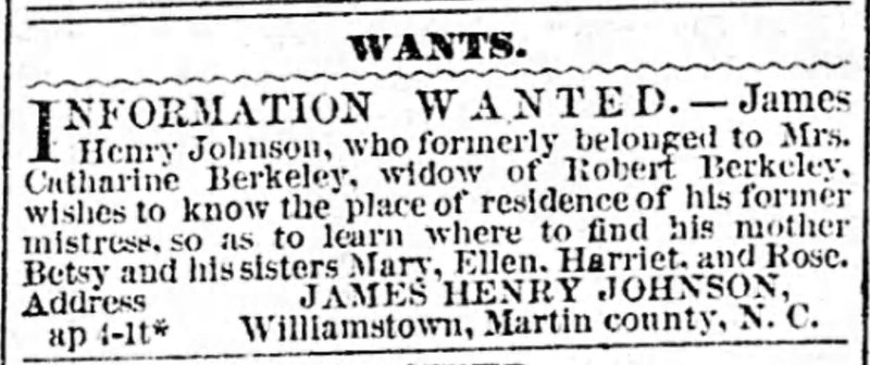 James Henry Johnson searching for his mother Betsy and sisters Mary, Ellen, Harriet, and Rose