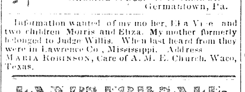 Maria Robinson searching for her mother Ella Vine [name is unclear] and her children Morris and Eliza