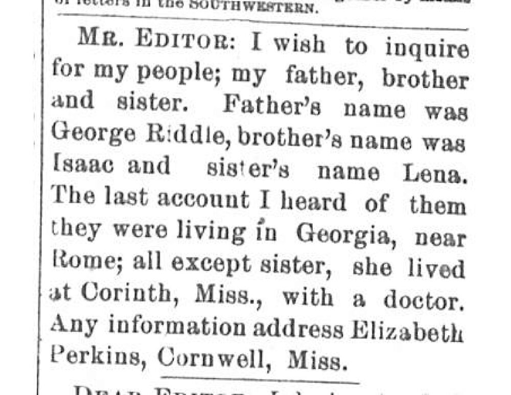 Elizabeth Perkins seeking her father George Riddle, and siblings Isaac and Lena