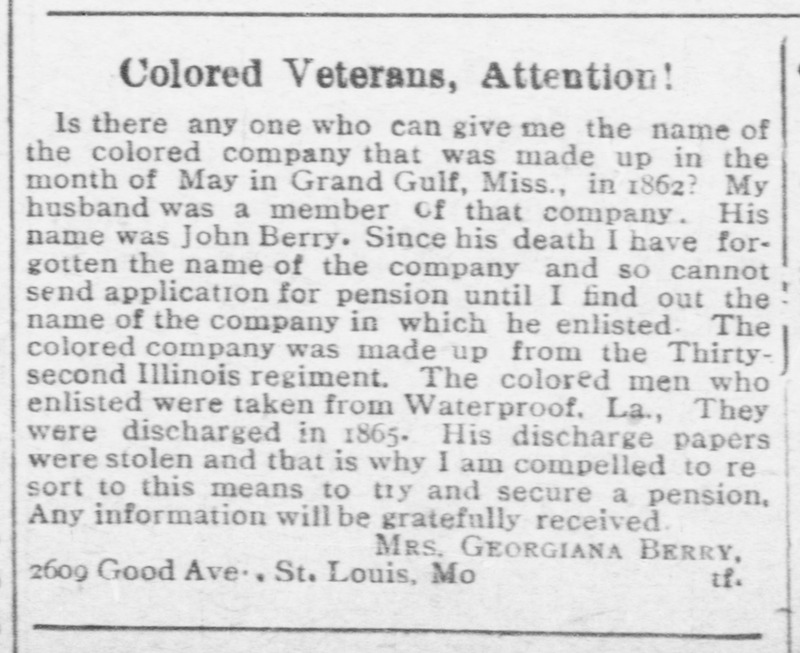 Georgiana Berry seeking the name of husband&#039;s Civil War company, for her Civil War widow&#039;s pension application