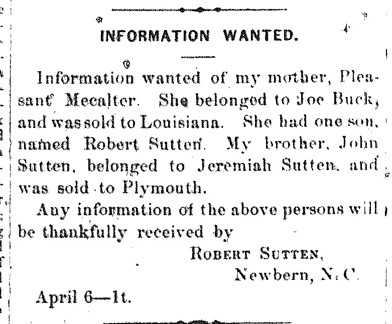 Robert Sutten searching for his mother Pleasant Mecalter, and his brother John Sutten