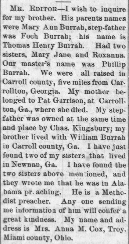 Mrs. Anna M. Cox searching for her brother Thomas Henry Burrah