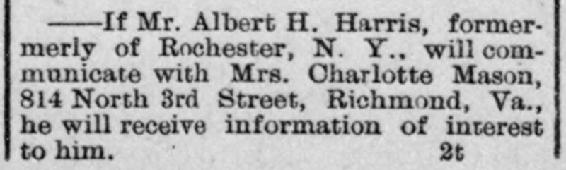 Mrs. Charlotte Mason searching for Mr. Albert H. Harris 