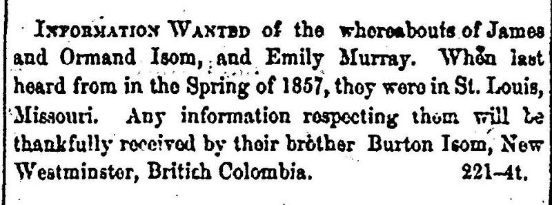 Burton Isom seeking his siblings James Isom, Ormand Isom, and Emily Murray