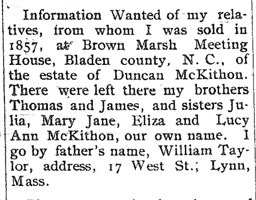 William Taylor looking for his siblings Thomas, James, Julia, Mary Jane, Eliza, and Lucy Ann McKithon