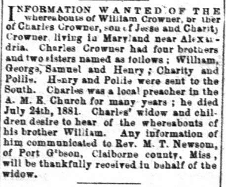 Charles Crowner&#039;s Widow searching for her brother-in-law William Crowner