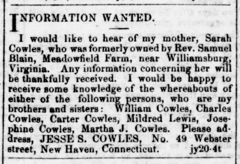 Jesse S. Cowles searching for his mother Sarah Cowles, and siblings