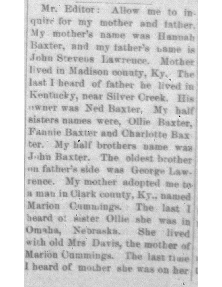 Eliza Buchanan (formerly Eliza Lawrence) searching for her mother Hannah Baxter, father John Stevens Lawrence, and siblings