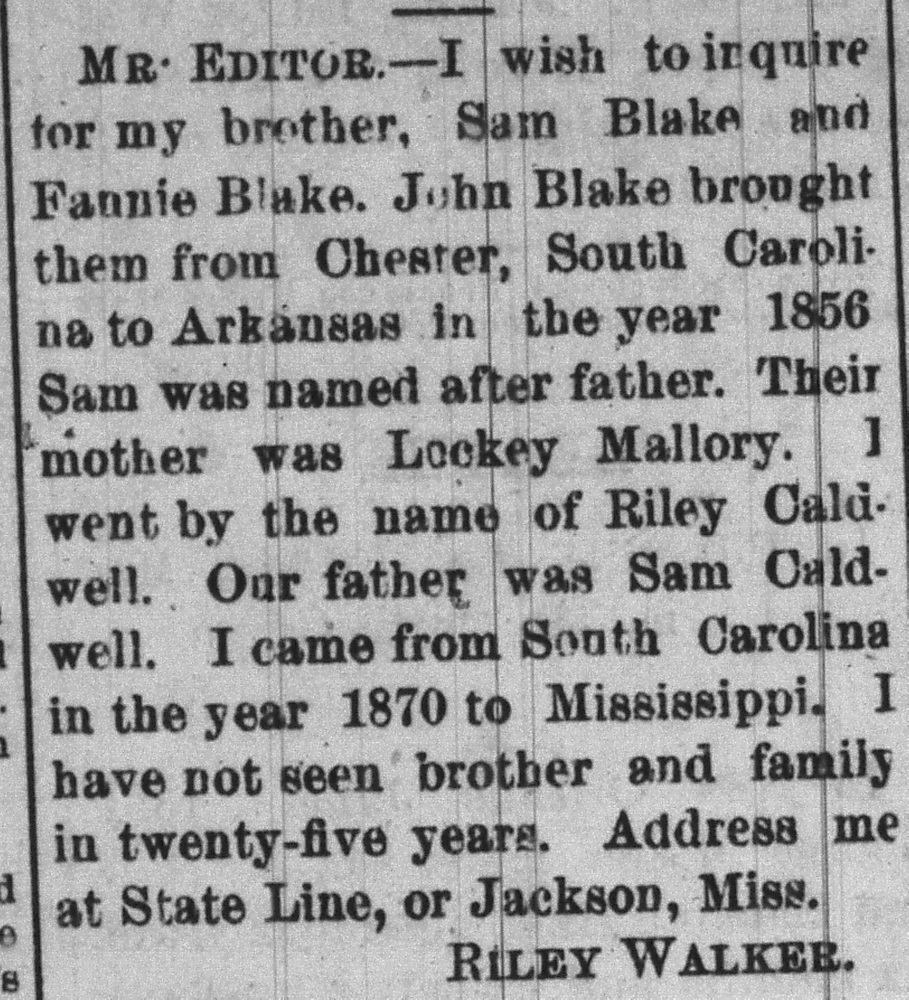 Riley Walker (formerly Riley Caldwell) searching for his brother Sam Blake and relative Fannie Blake