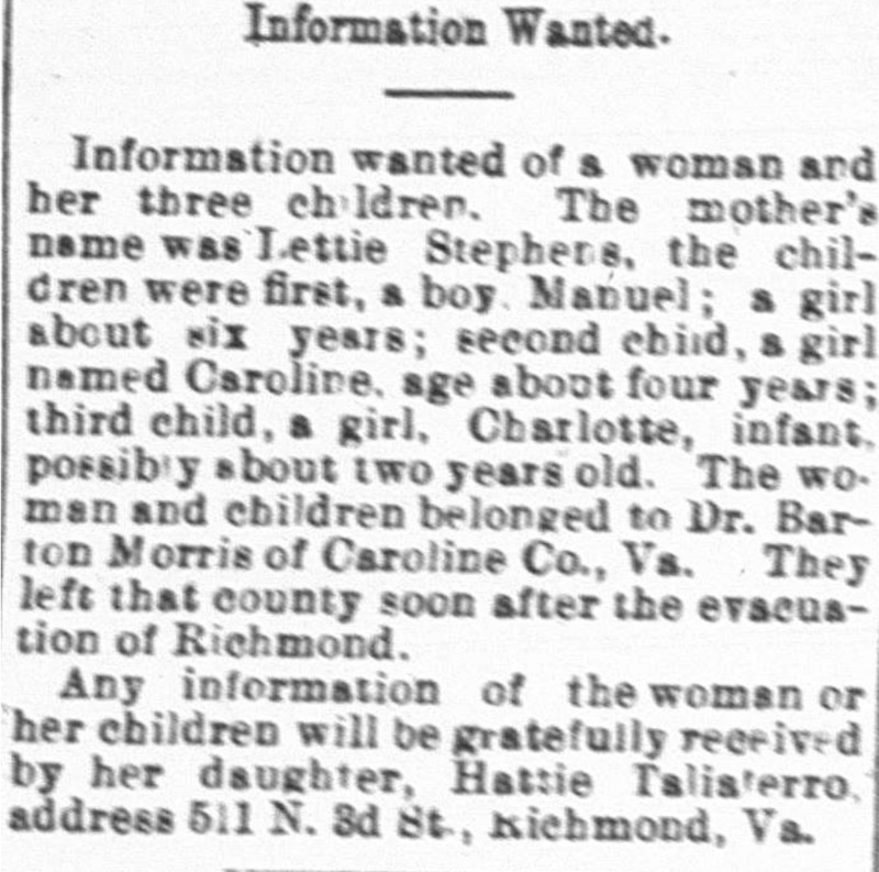 Hattie Taliaferro searching for her mother and three siblings