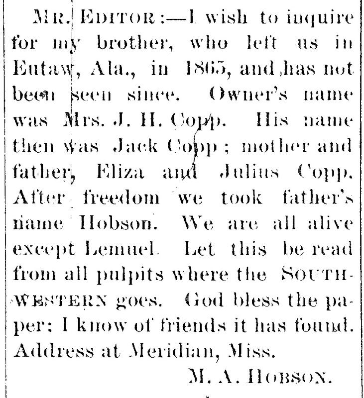 M. A. Hobson searching for their brother Jack Copp