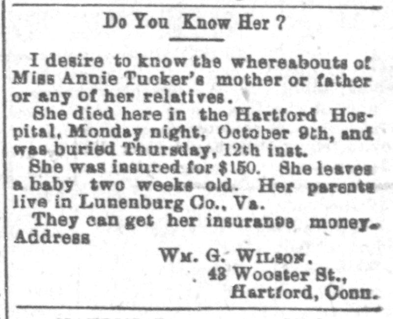 Wm. G. Wilson searching for Miss Annie Tucker&#039;s parents 