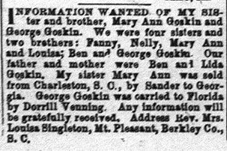 Rev. Mrs. Louisa Singleton seeking information about her sister Mary Ann Goskin and brother George Goskin