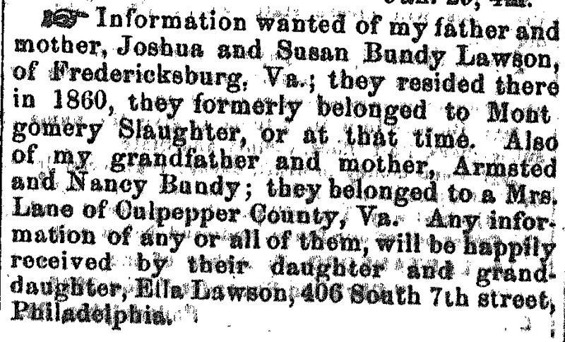 Ella Lawson seeking her father and mother Joshua and Susan Bundy Lawson