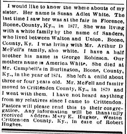 Mary Hughes seeking the whereabouts of her sister Susan Adlet White