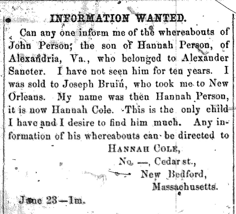 Hannah Cole (formerly Hannah Person) searching for her son John Person