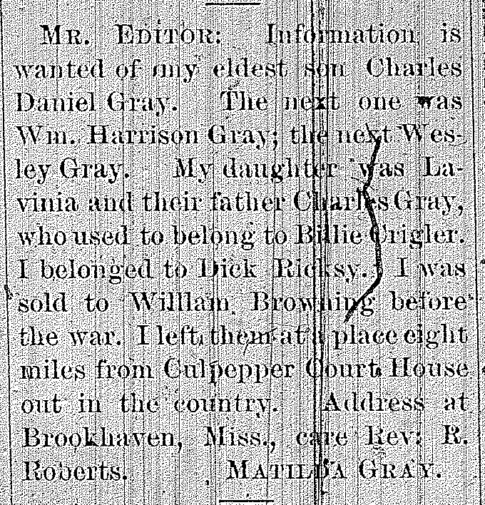 Matilda Gray searching for her husband and children