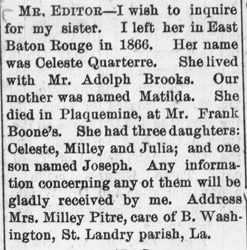 Mrs. Milley Pitre searching for her sister Celeste Quarterre