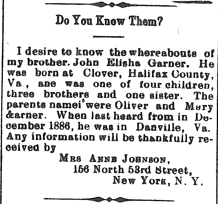 Mrs. Anne Johnson searching for her brother John Elisha Garner