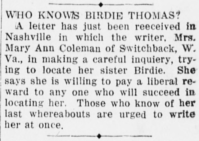 Mrs. Mary Ann Coleman searching for her sister Birdie Thomas