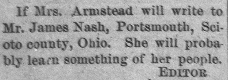 The editor suggests Mrs. Armstead write to Mr. James Nash for information on her people