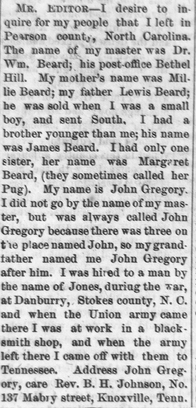 John Gregory searching for his mother Millie Beard, father Lewis Beard, brother James Beard, and sister Margret Beard