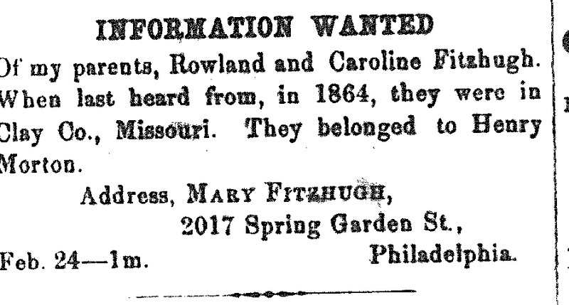 Mary Fitzhugh looking for her parents Rowland and Caroline Fitzhugh