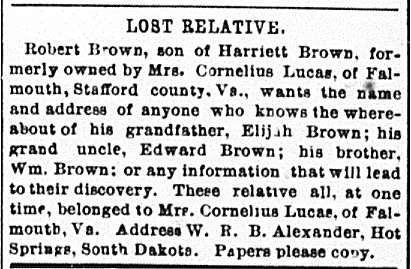 Robert Brown seeking his grandfather Elijah Brown, grand uncle Edward Brown, and brother William Brown