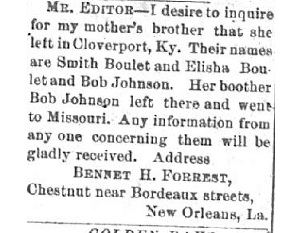 Bennet H. Forrest searching for Smith Boulet, Elisha Boulet, and Bob Johnson