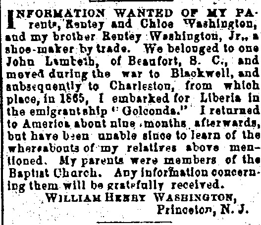 William Henry Washington seeking information about his parents Bentey and Chloe Washington and his brother Bentey Washington, Jr.