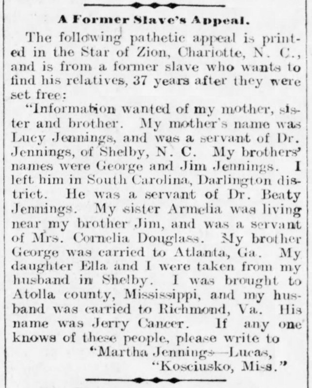 Martha Jennings-Lucas searching for her mother, sister,  brothers, daughter, and husband