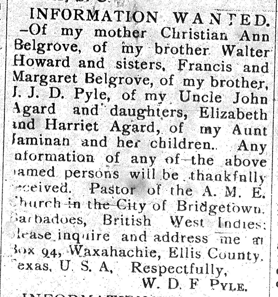 W. D. F. Pyle searching for his mother Christian Ann Belgrove and several siblings (2nd of 2 ads)