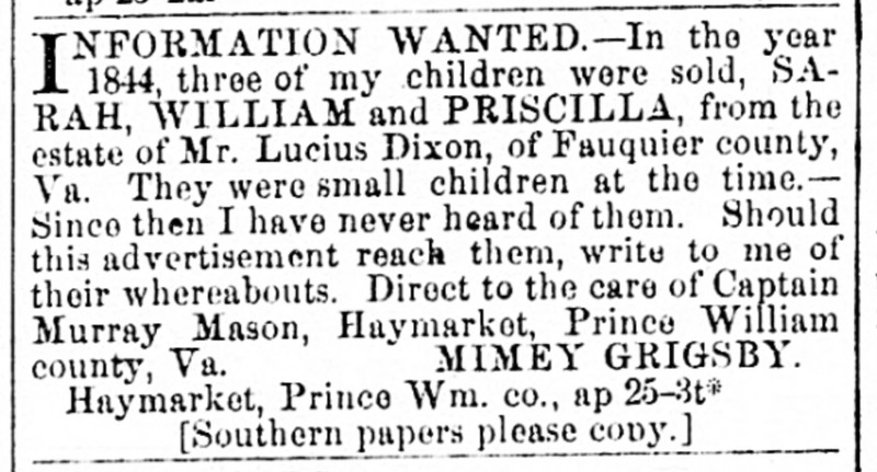 Mimey Grigsby searching for her children Sarah, William, and Priscilla