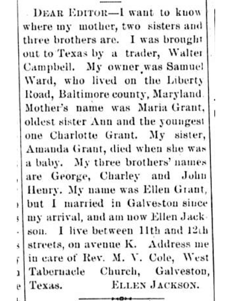 Ellen Jackson (formerly Ellen Grant) searching for her mother Maria Grant, and siblings Ann, Charlotte Grant, George, Charley, and John Henry