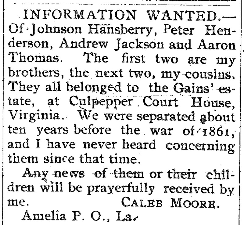 Caleb Moore looking for his brothers Johnson Hansberry and Peter Henderson and cousins Andrew Jackson and Aaron Thomas 