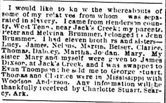 Charlotte Stuart searching for her relatives including her parents Peter and Melvina Brummer