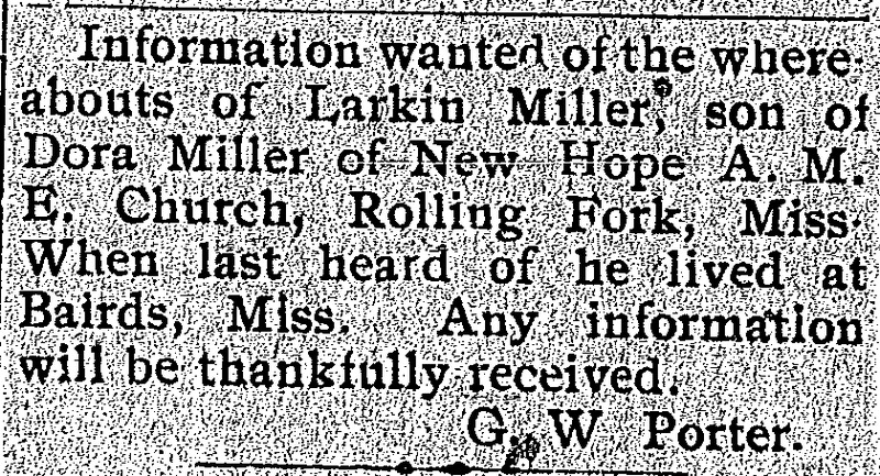 G. W. Porter searching for information of Larkin Miller