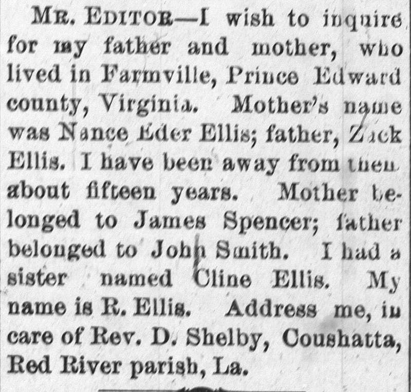 R. Ellis searching for mother and father