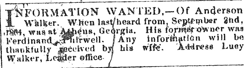 Lucy Walker looking for information about her husband Anderson Walker