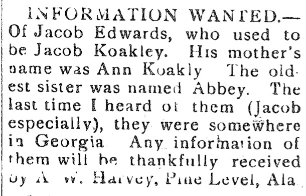 A. W. Harvey looking for Jacob Edwards (formerly Jacob Koakley)