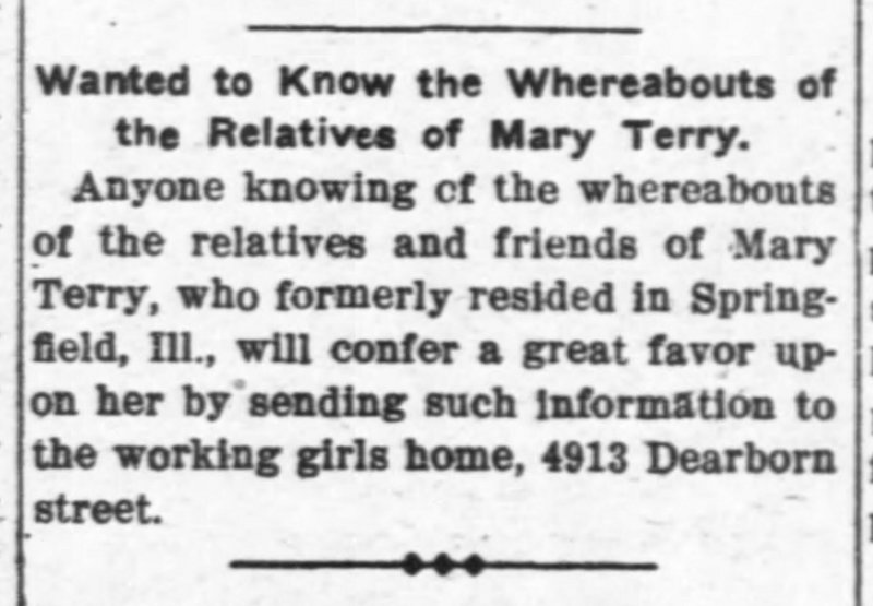 Mary Terry searching for her relatives and friends 