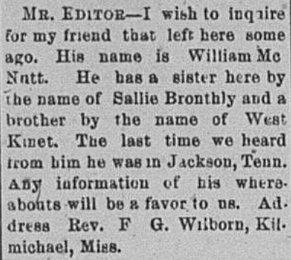 Reverend F. G. Wilborn seeking a friend William McNutt