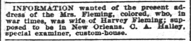 C. A. Halley searching for Mrs. Fleming, the wife of Harvey Fleming 