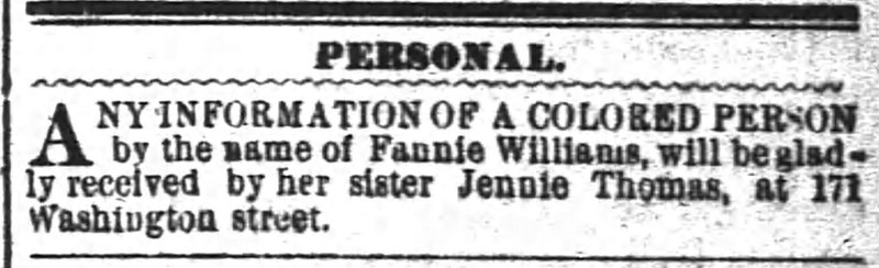 Jennie Thomas searching for her sister Fannie Williams 