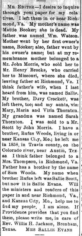 Sallie Evans (formerly Sallie Scott) looking for information about her relatives including father Wm. Watson and brother Davy Crockett