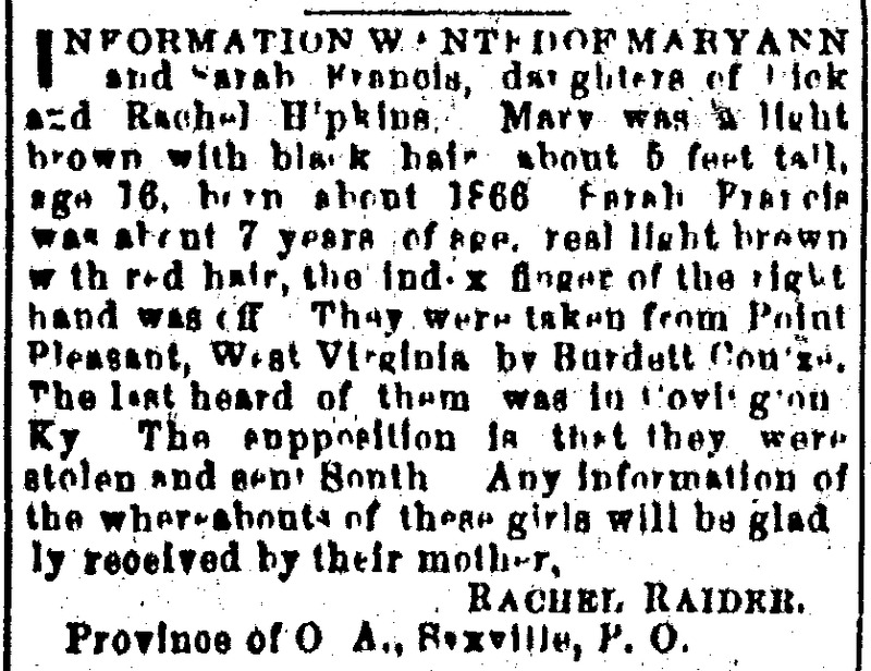 Rachel Raider (formerly Rachel Hopkins) searching for her daughters Mary Ann and Sarah Francis