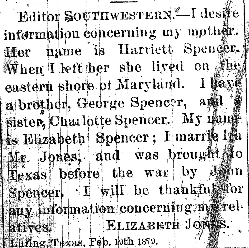 Elizabeth Jones looking for her mother Harriett Spencer